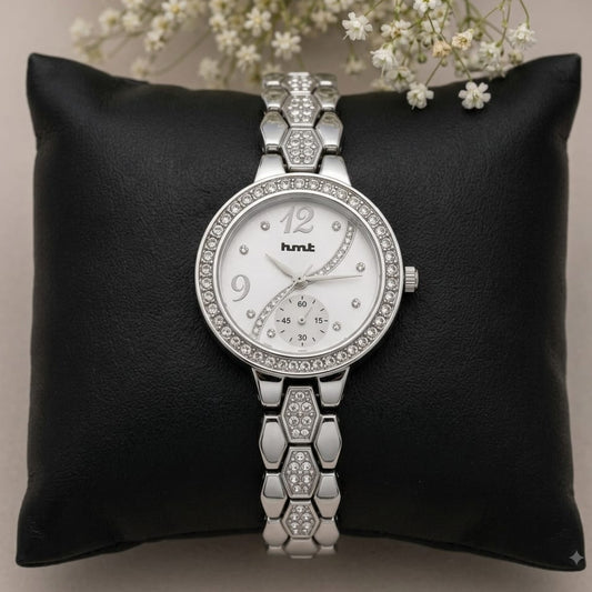 Silver Crystal Studded Bracelet Watch For Women