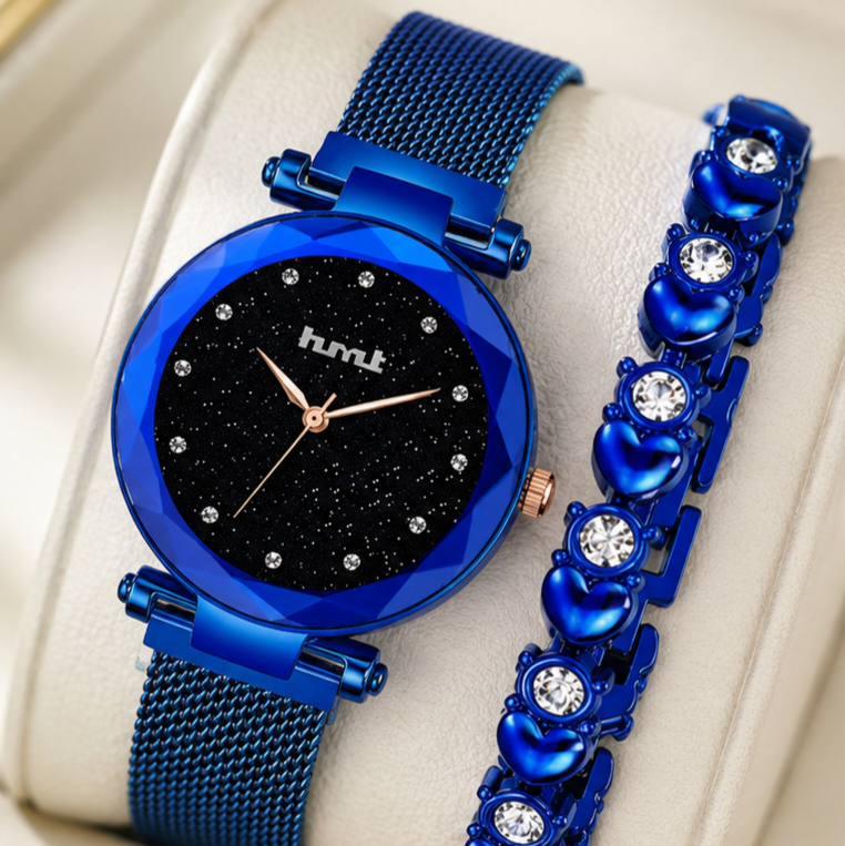 Blue Starry Night Analog Watch & Bracelet Set