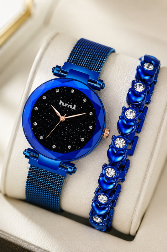 Blue Starry Night Analog Watch & Bracelet Set