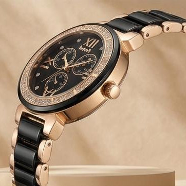 Black Premium Chrono Watch for women with Crystal Bezel