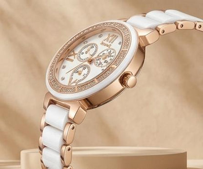 White Premium Chrono Watch for women with Crystal Bezel