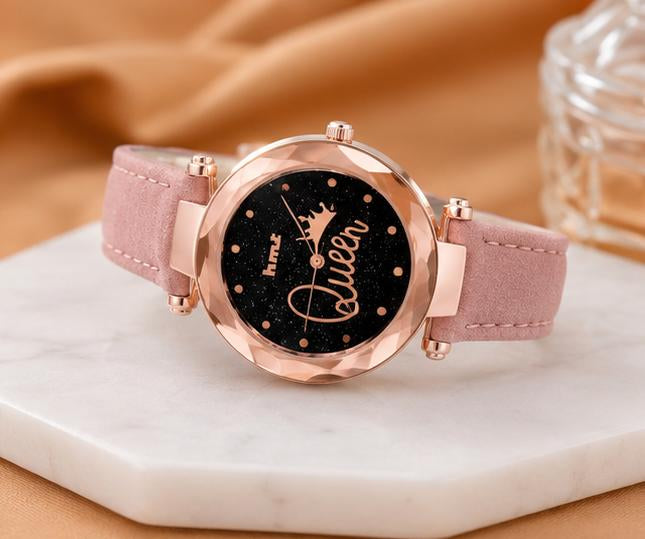 "Queen" Rose Gold Pink Leather Watch