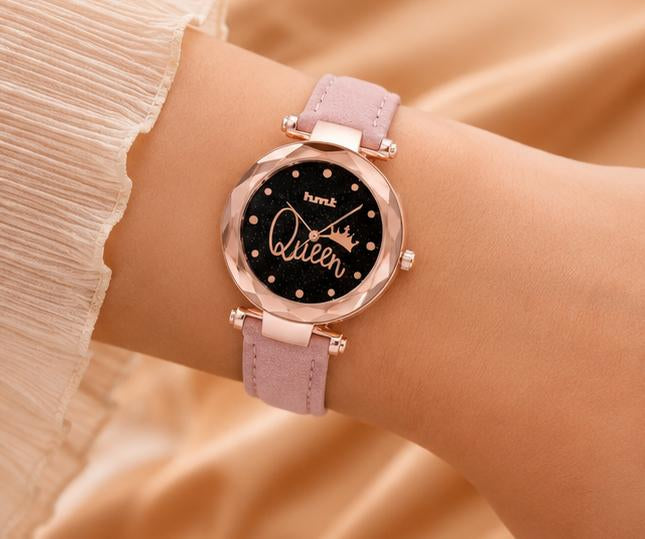 "Queen" Rose Gold Pink Leather Watch