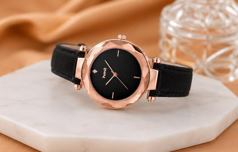 Rose Gold Faceted Bezel Watch with Black Leather Strap
