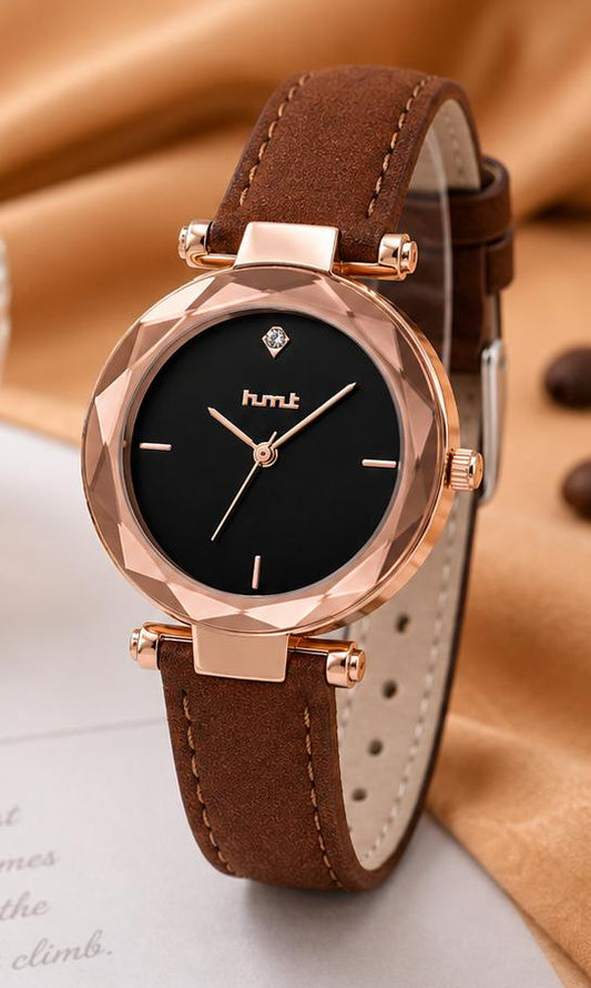 Rose Gold Faceted Bezel Watch with Brown Leather Strap
