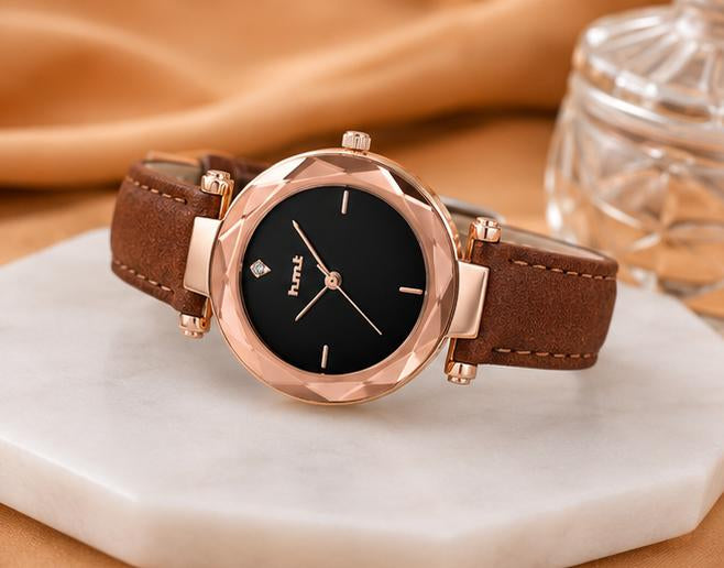 Rose Gold Faceted Bezel Watch with Brown Leather Strap