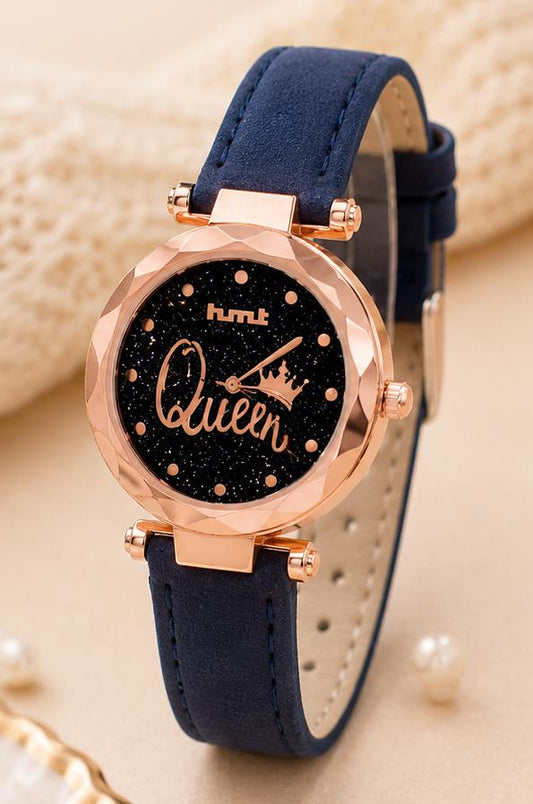"Queen" Rose Gold Blue Leather Watch