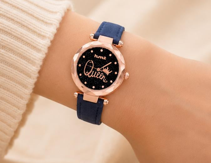 "Queen" Rose Gold Blue Leather Watch