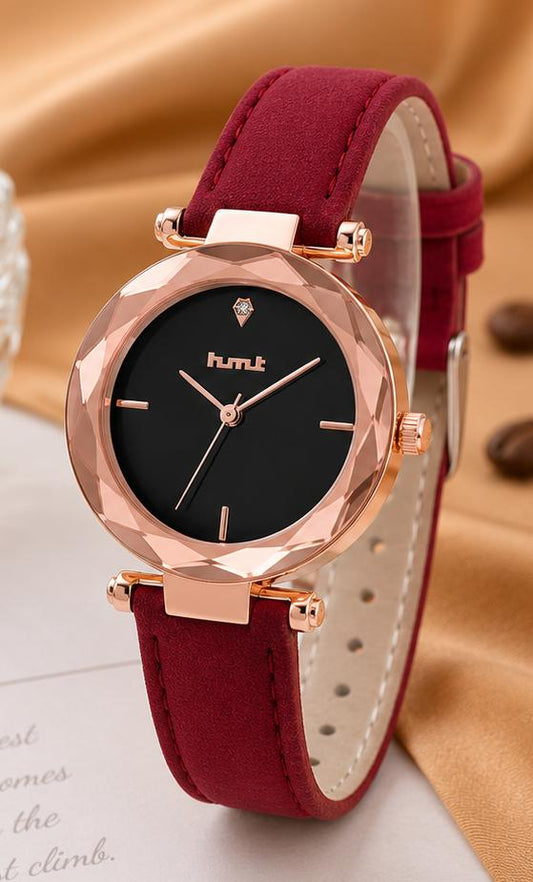 Rose Gold Faceted Bezel Watch with Red Leather Strap