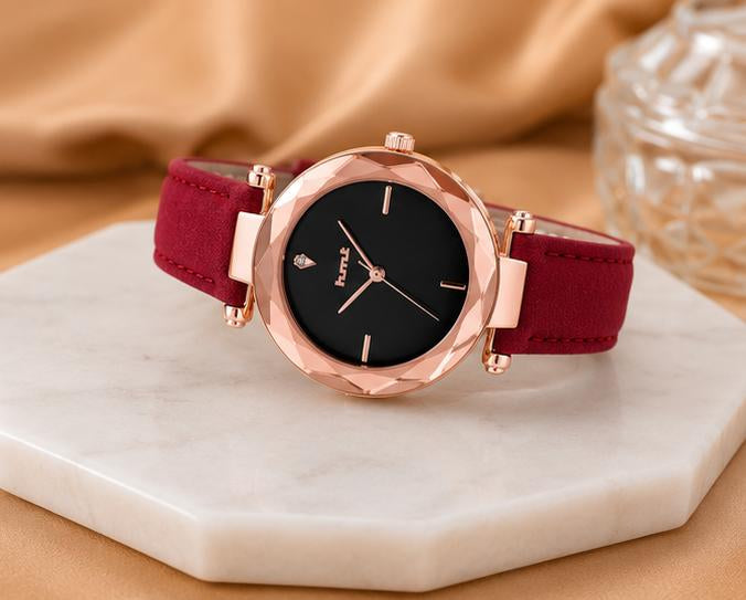 Rose Gold Faceted Bezel Watch with Red Leather Strap