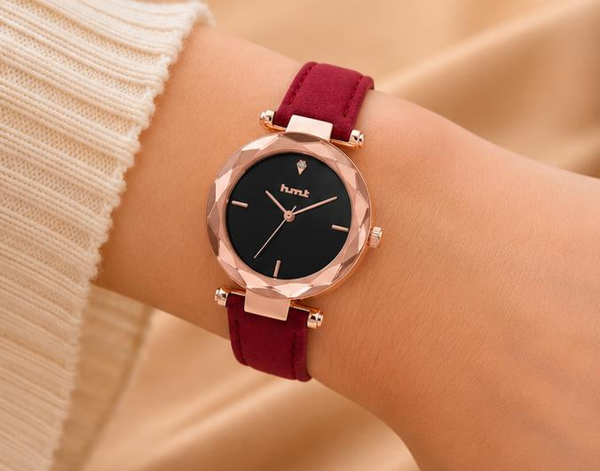 Rose Gold Faceted Bezel Watch with Red Leather Strap