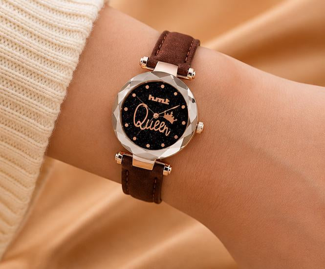 "Queen" Rose Gold Brown Leather Watch