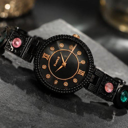 Black Crystal & Stone Bracelet Watch
