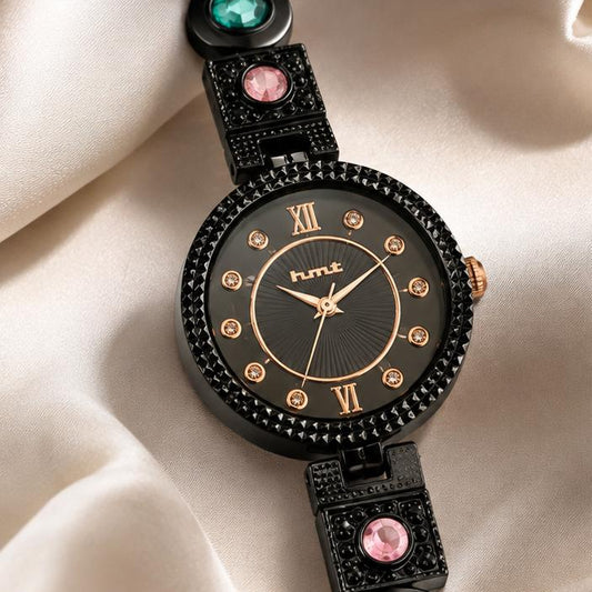 Black Crystal & Stone Bracelet Watch