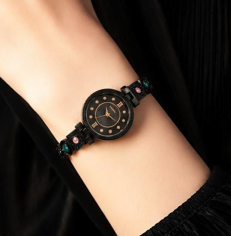 Black Crystal & Stone Bracelet Watch