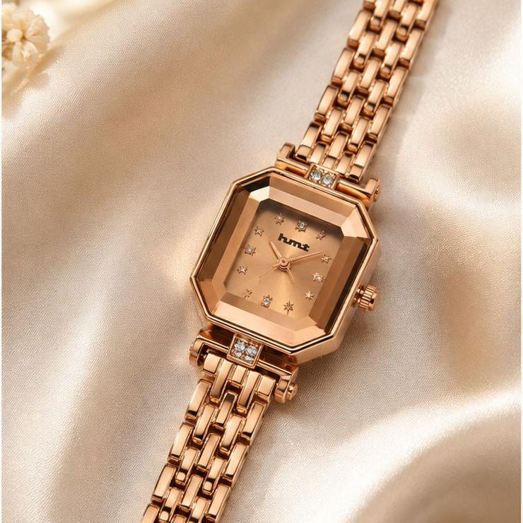 Rose Gold Octagonal Crystal Dial Watch