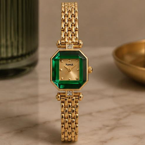 Gold and Green Octagonal Crystal Watch