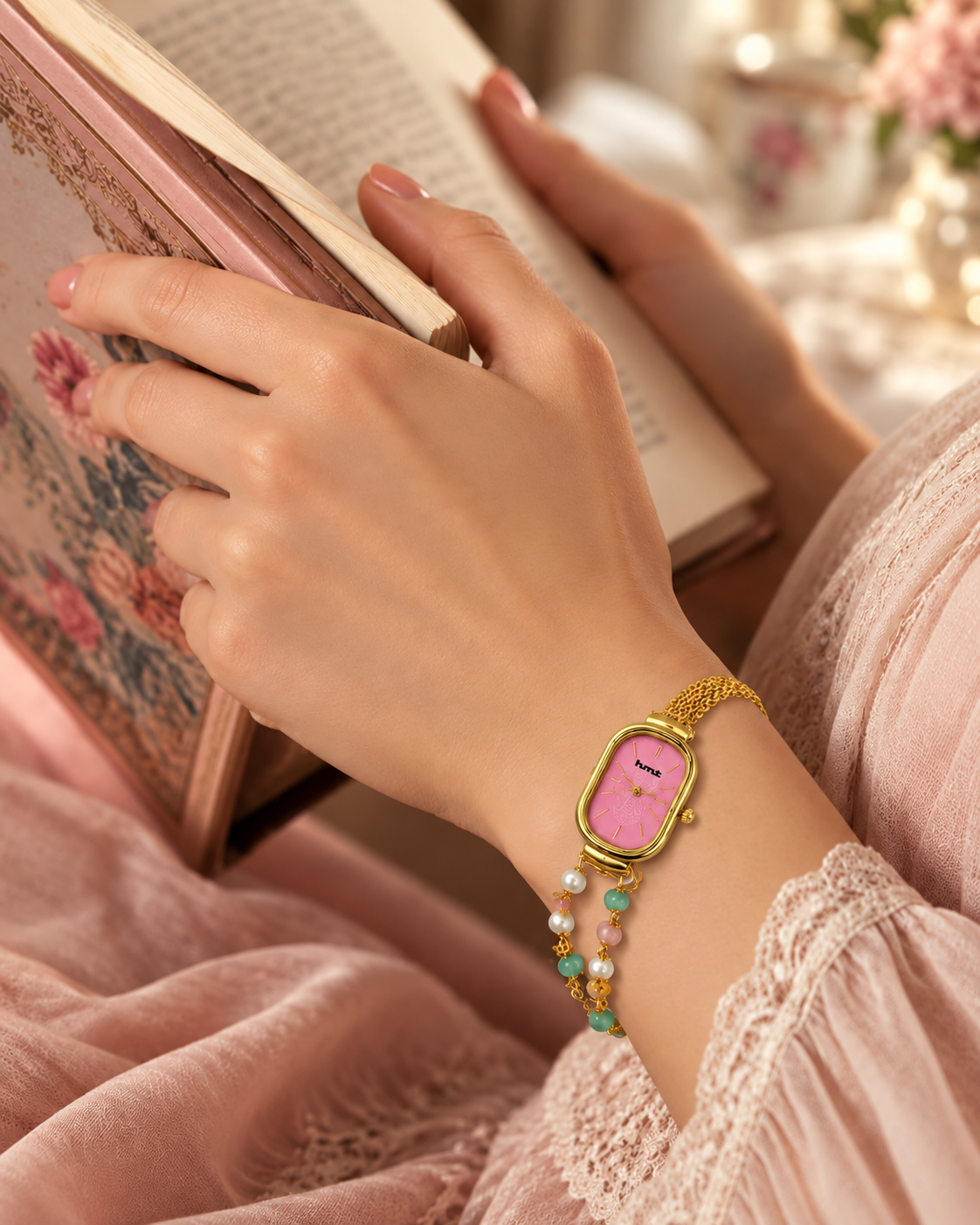 Elegant Pink Pearl Bracelet Watch For Women