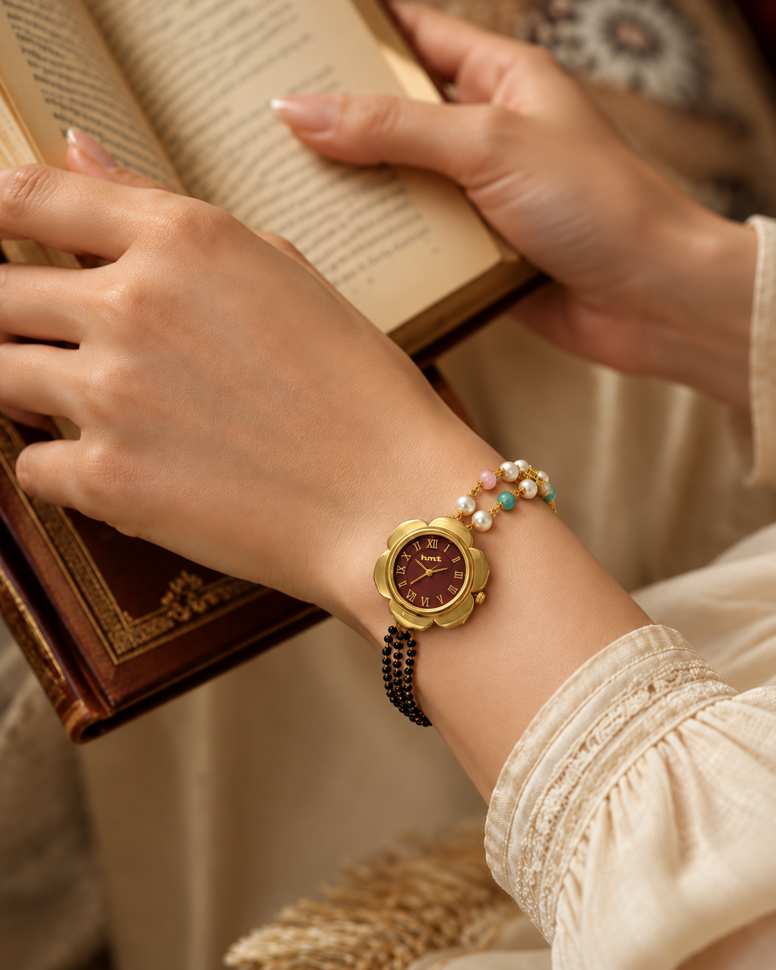 Elegant Black Beads Pearl Bracelet Watch For Women